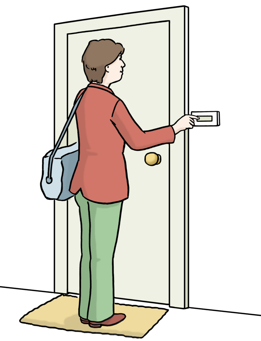 Farbige Zeichnung einer Frau, die an einer Wohnungs-Tür klingelt. Sie trägt eine Umhängetasche.