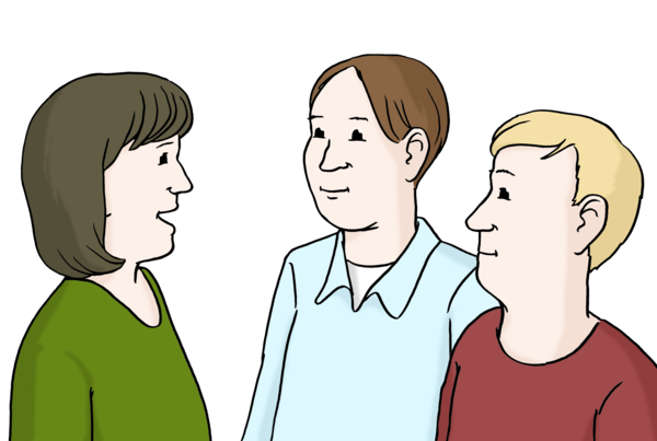 Farbige Zeichnung von einer Frau und zwei Männern als Brustbild. Die Frau spricht, die beiden Männer schauen sie an.