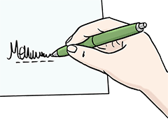 Eine Hand mit einem Stift. Sie unterschreibt auf einem Papier.
