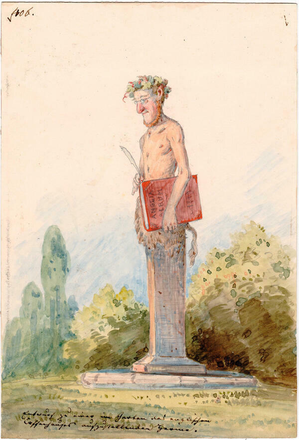»Herme des Pasquillanten«. Hier karikiert Pocci sich selbst als Verfasser von Schmäh- oder Spottschriften auf einer Säule. Aquarell aus dem Jahr 1849 