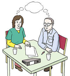 Zeichnung von einem Mann und eier, die mit Blatt, Stift unfd Ordner an einem Tisch sitzen Frau mit einer Gedankenblase über dm Kopf