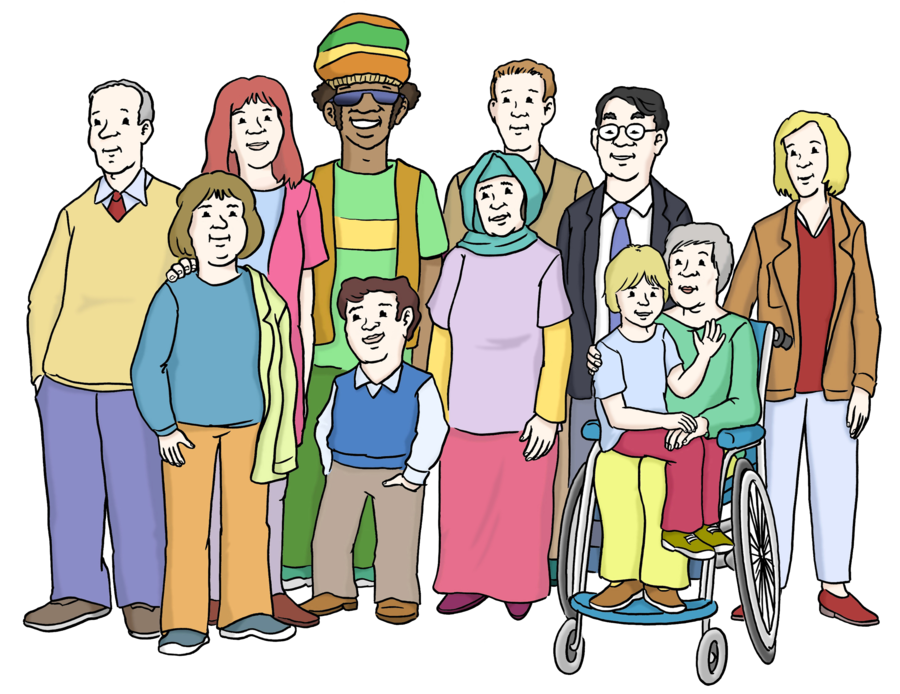Eine farbige Zeichnung von einer Gruppe von Menschen mit verschiedenen Hautfarben, verschiedener Kleidung und mit und ohne Behinderungen.