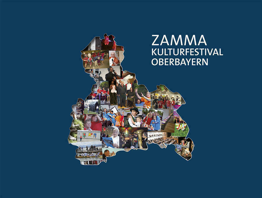 Titel als Collage mit den mit Fotos gefllten Umriss von Oberbayern und dem Schriftzug ZAMMA - Kulturfestival Oberbayern auf dunkelblauem Grund.