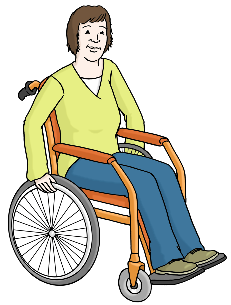 Farbige Zeichnung von einer Frau in einem Rollstuhl.