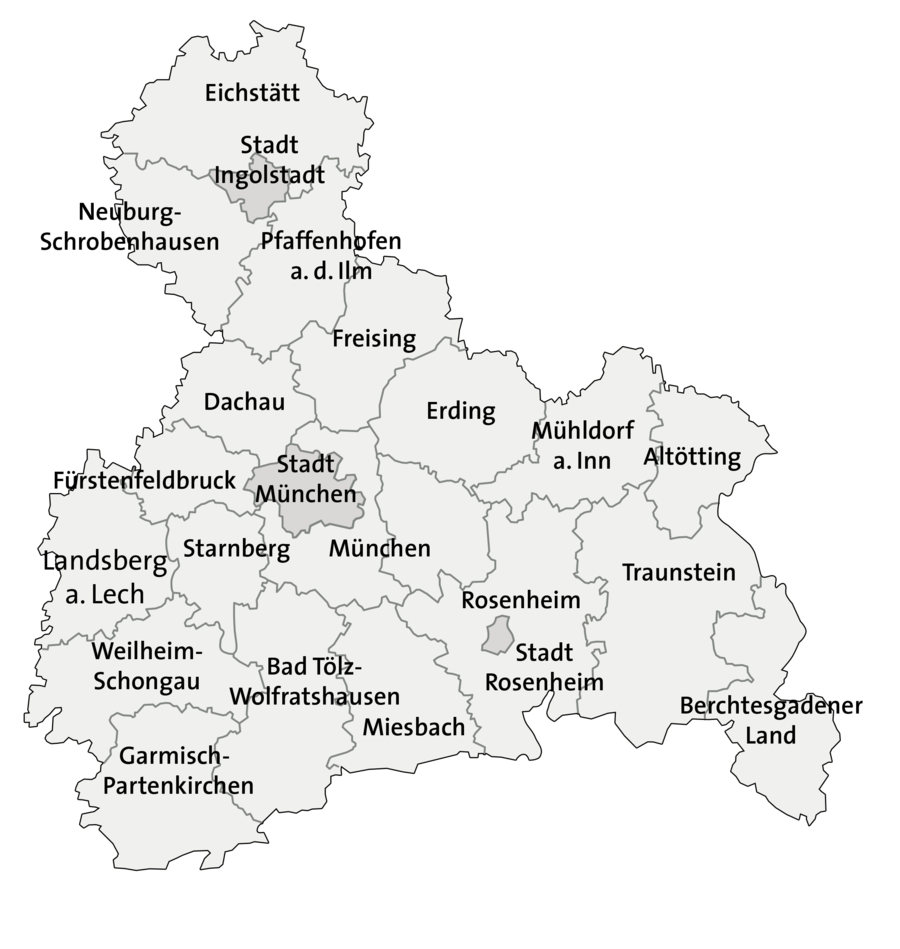 Eine Karte vom Bezirk Oberbayern. Auf der Karte sind die 17 Land-Kreise in Oberbayern eingezeichnet. Zum Beispiel Eichstätt oder Garmisch-Partenkirchen. Außerdem sind die großen Städte auf der Karte: München und Rosenheim und Ingolstadt.