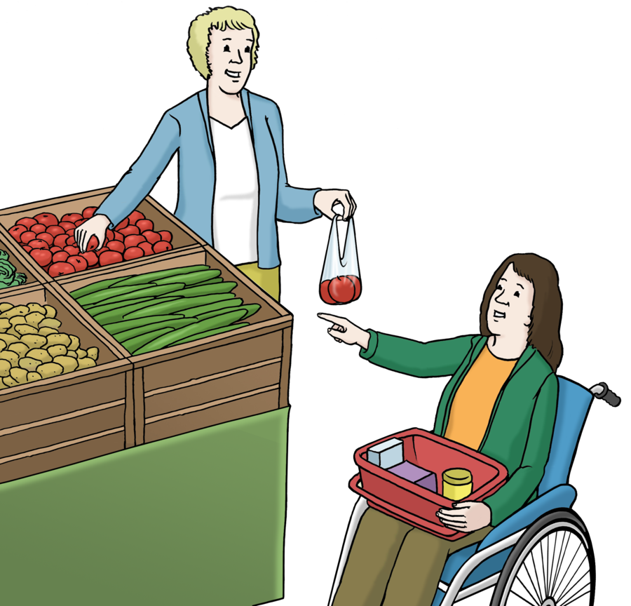 Farbige Zeichnung einer Einkaufssituation. Eine Frau steht an einer Gemüsetheke. Sie hält in einer Hand eine Einkaufstüte und greift mit der anderen Hand nach Tomaten. neben ihr sitzt eine Frau im Rollstuhl und deutet auf die Theke.