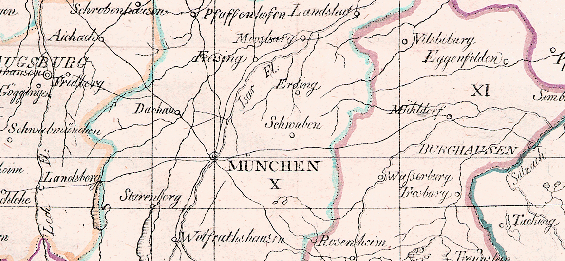 Ausschnitt einer antiken Landkarte Bayerns