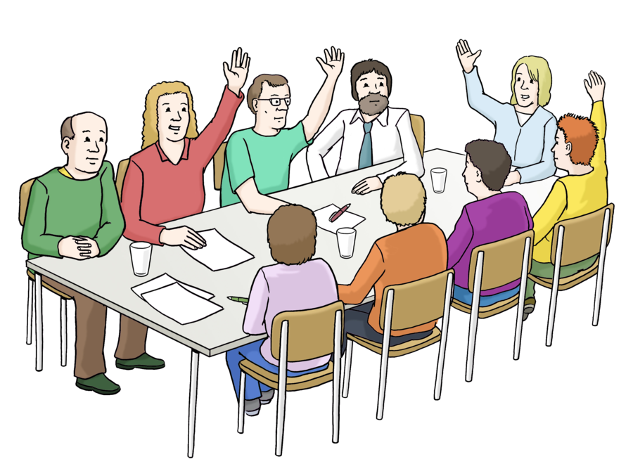Eine bunte Zeichnung: Mehrere Personen sitzen an einem langen Tisch. Einige von ihnen strecken die Hand in die Luft. Vor ihnen liegen Dokumente, Stifte und Gläser