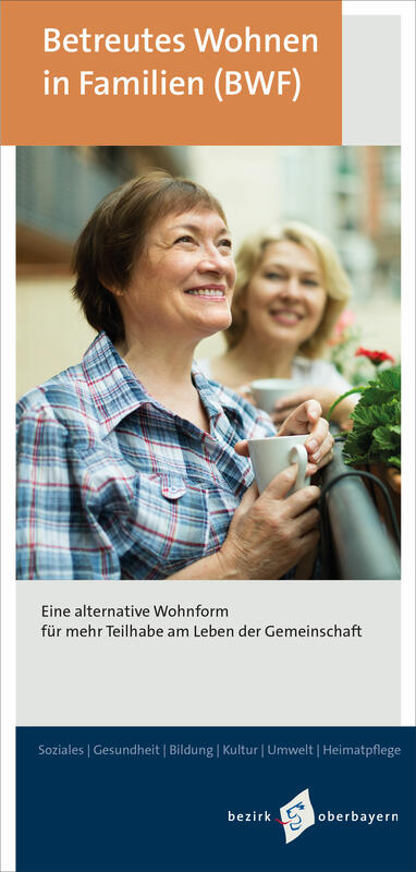 Cover des Flyers "Betreutes Wohnen in Familien (BWF)":
Zwei lchelnde Frauen halten Kaffetassen in ihren Hnden. Man erkennt Balkonpflanzen.