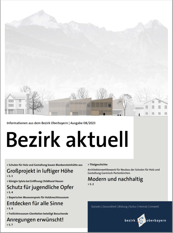 Aktuelles Cover des PDF-Newsletters Bezirk aktuell - mit einem Titelbild: eine Architektur-Zeichnung in beige- und Grautönen;: eine Häuserzeile mit zwei trditionellen alpinen Gebäuden und einem dreiteiligen modernen Bau, dahinter das Alpenpanorama