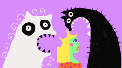 Comicartige Zeichnung mit Katzen, Monster und Mädchen