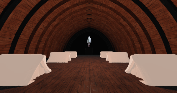 Screenshot eines virtuellen Ausstellungsrundgangs: Im Tonnengewölbe stehen an den Seiten kleine Zelte, an der Stirnseite des Raumes ist eine helle Figur projiziert. 